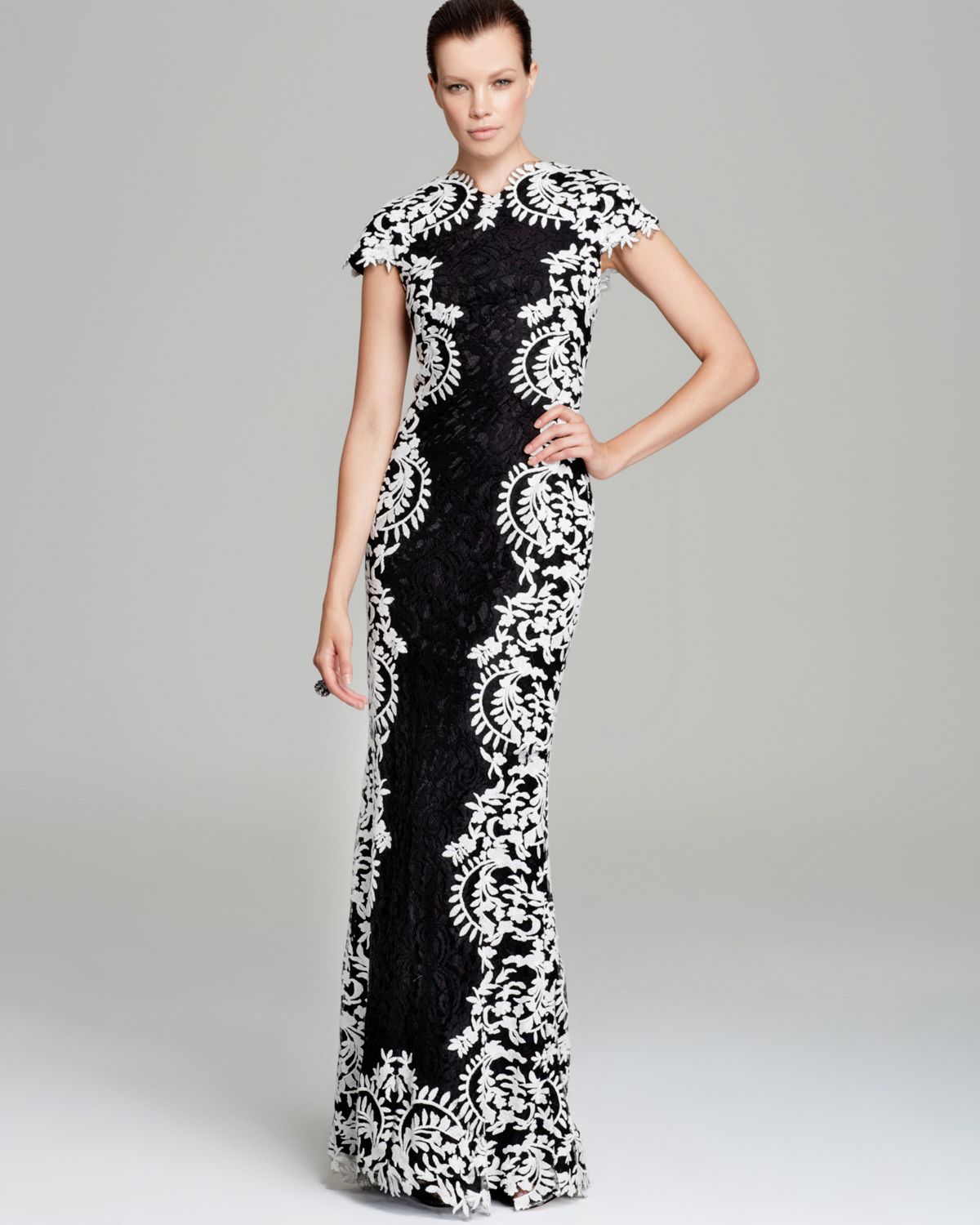 Lyst Tadashi Shoji Contrast Lace Gown Cap Sleeve In Black Gallery
