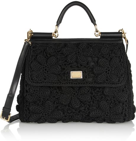 Dolce & Gabbana Miss Sicily Crochet and Leather Shoulder Bag in Black ...
