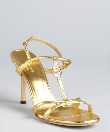 Gucci Gold Leather Strappy Open Toe Sandals in Gold | Lyst
