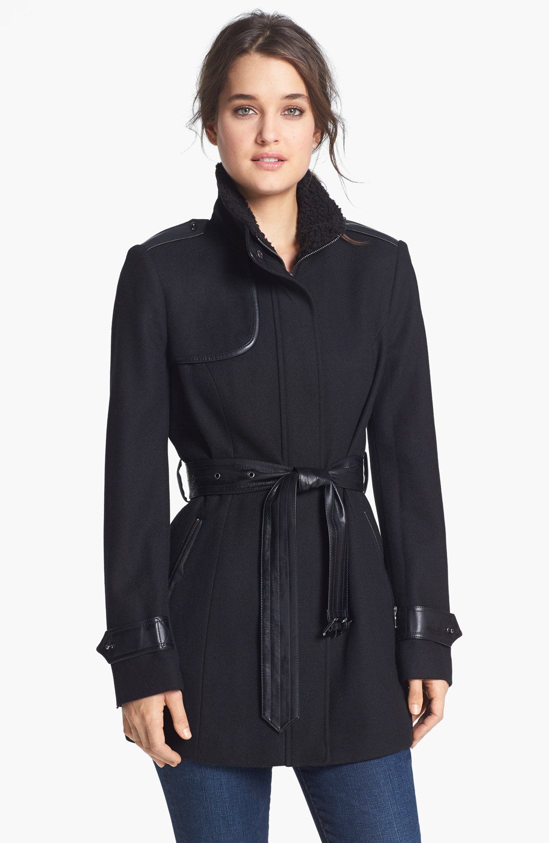Sam Edelman Ana Faux Shearling Collar Trench Coat in Black | Lyst