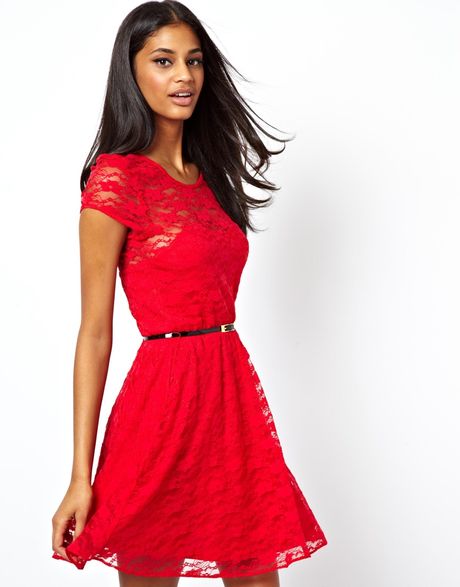 Asos Lace Skater Dress with Short Sleeves and Belt in Red (Black) | Lyst