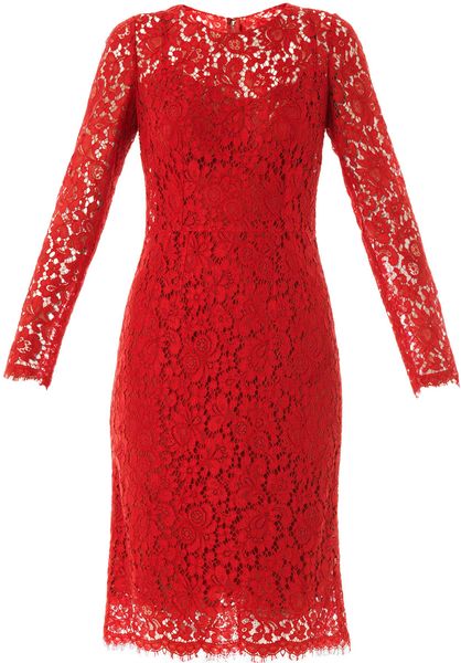 Dolce & Gabbana Lace Long Sleeved Dress in Red | Lyst