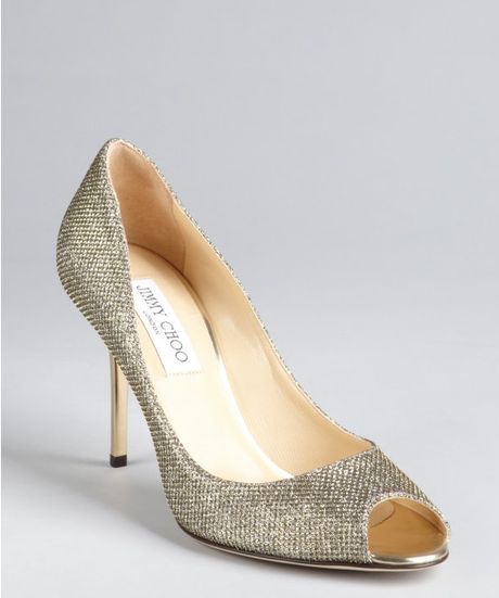 Jimmy Choo Light Gold Glitter Mesh and Leather Evelyn Peep Toe Pumps in ...