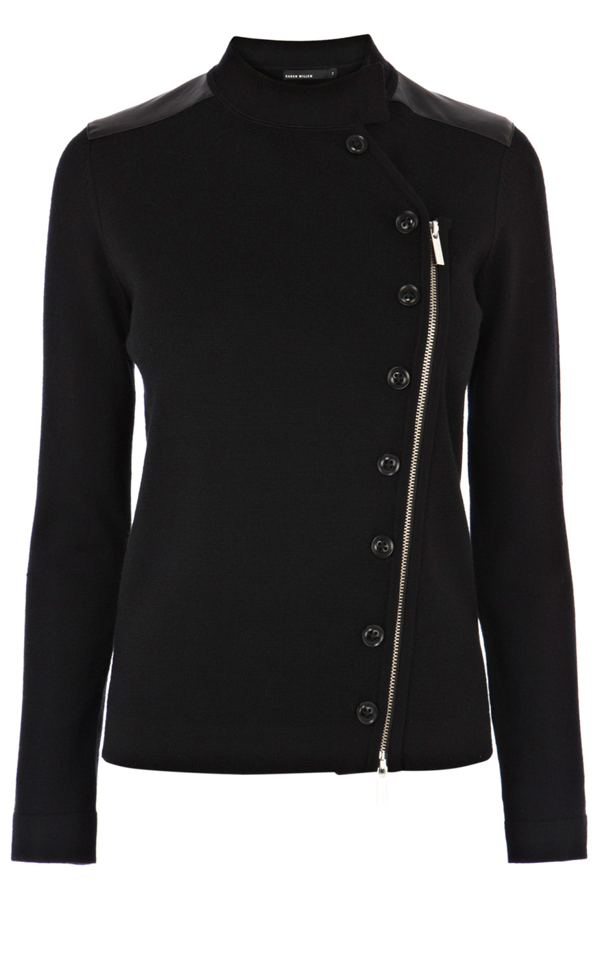 Karen Millen Military Knit Biker Jacket in Black | Lyst