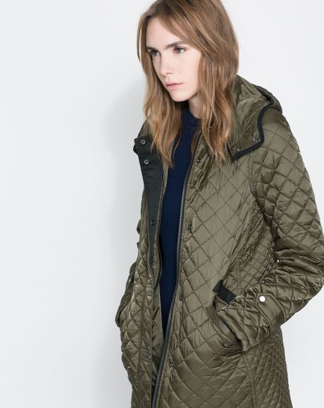 Zara Quilted Coat with Hood in Green | Lyst