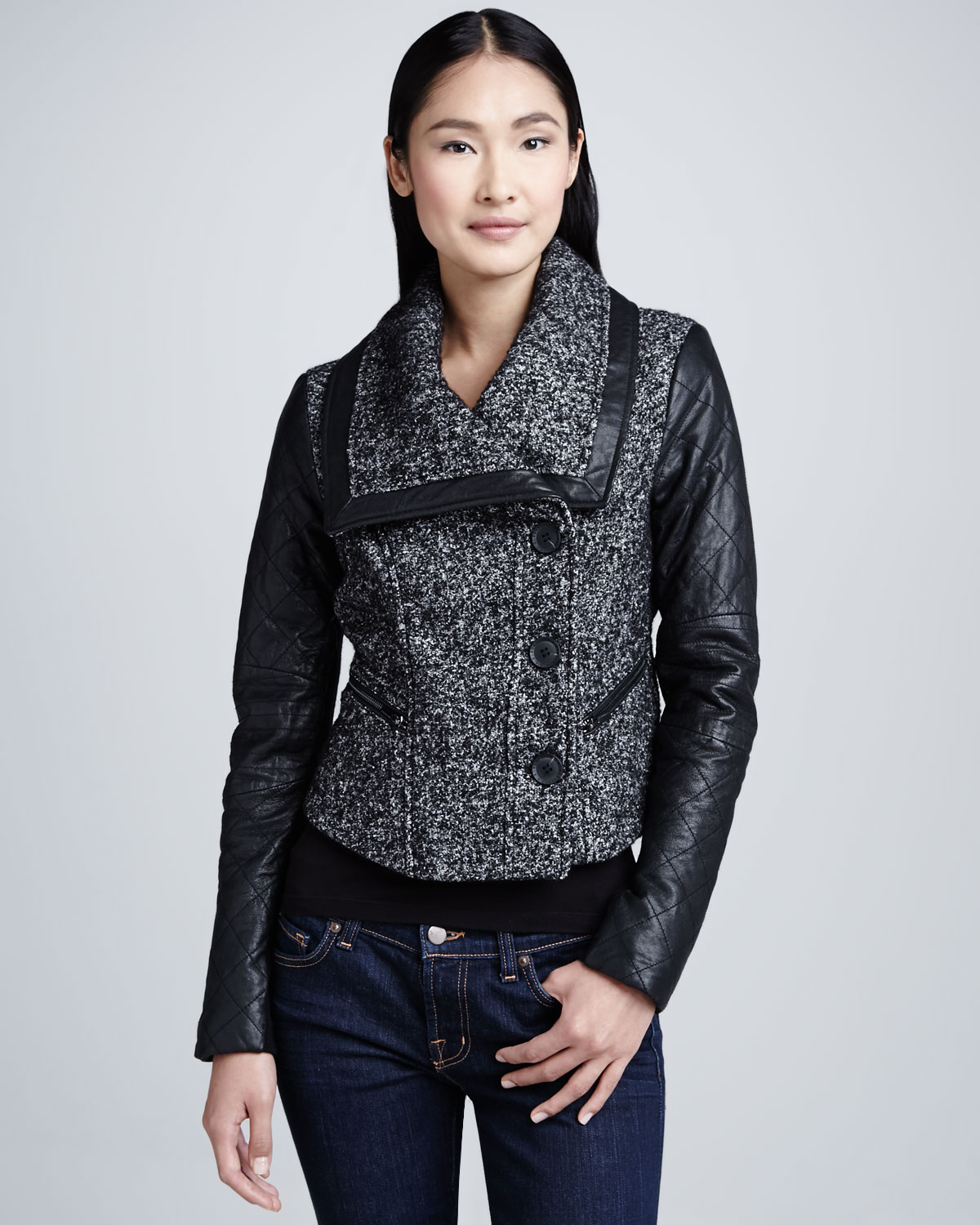 Lyst - Bcbgmaxazria Tweed Jacket with Leather Sleeves in Black