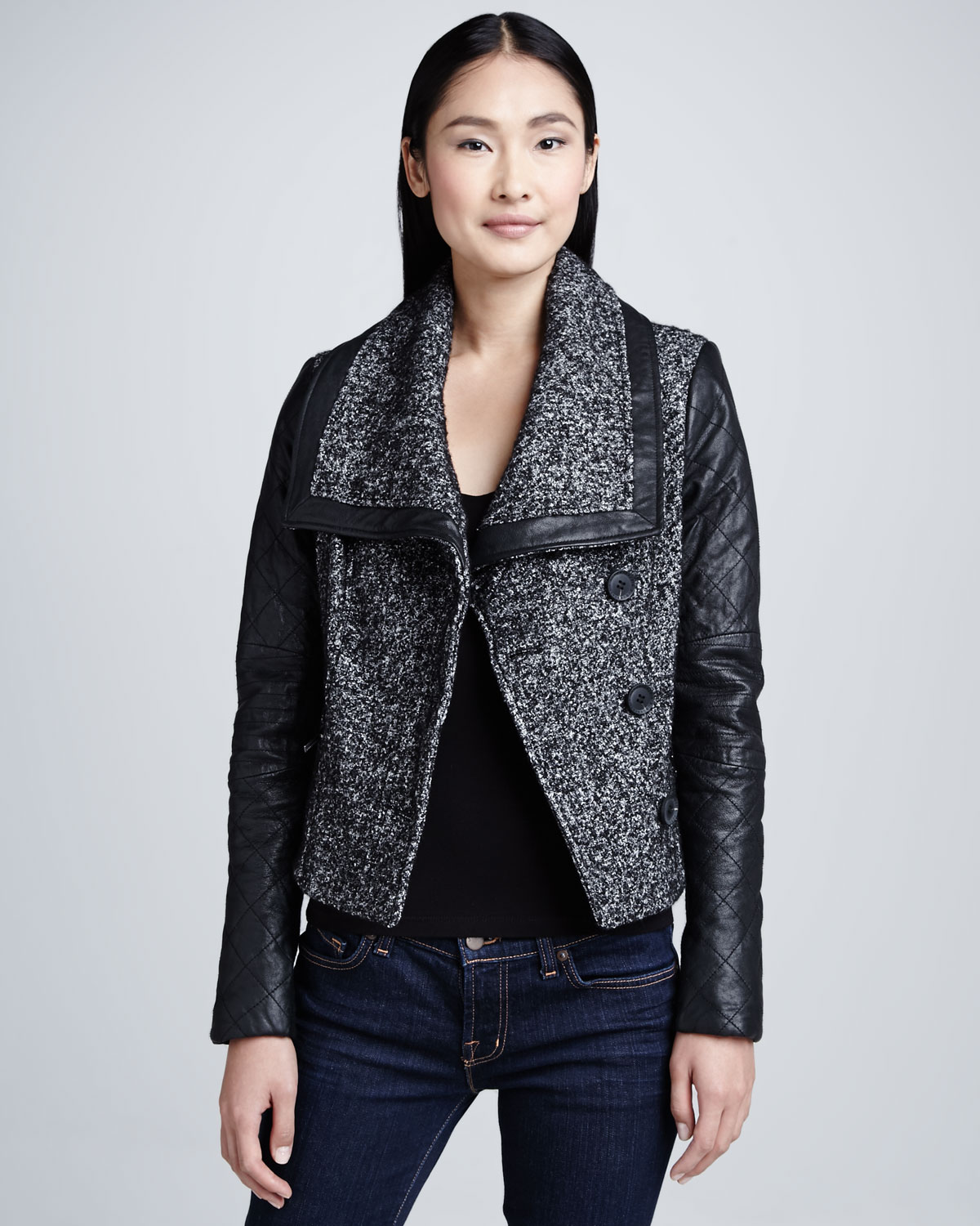 Bcbgmaxazria Tweed Jacket With Leather Sleeves In Black Lyst Gallery