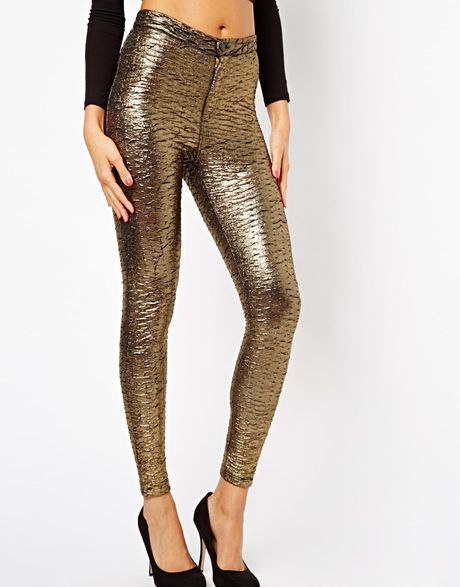 Asos High Waisted Trousers in Pleated Foil Effect in Gold | Lyst