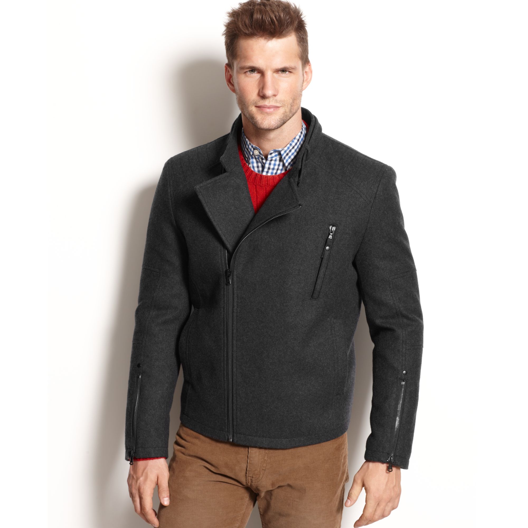 Kenneth Cole Asymmetrical Wool blend Moto Jacket in Gray for Men - Lyst