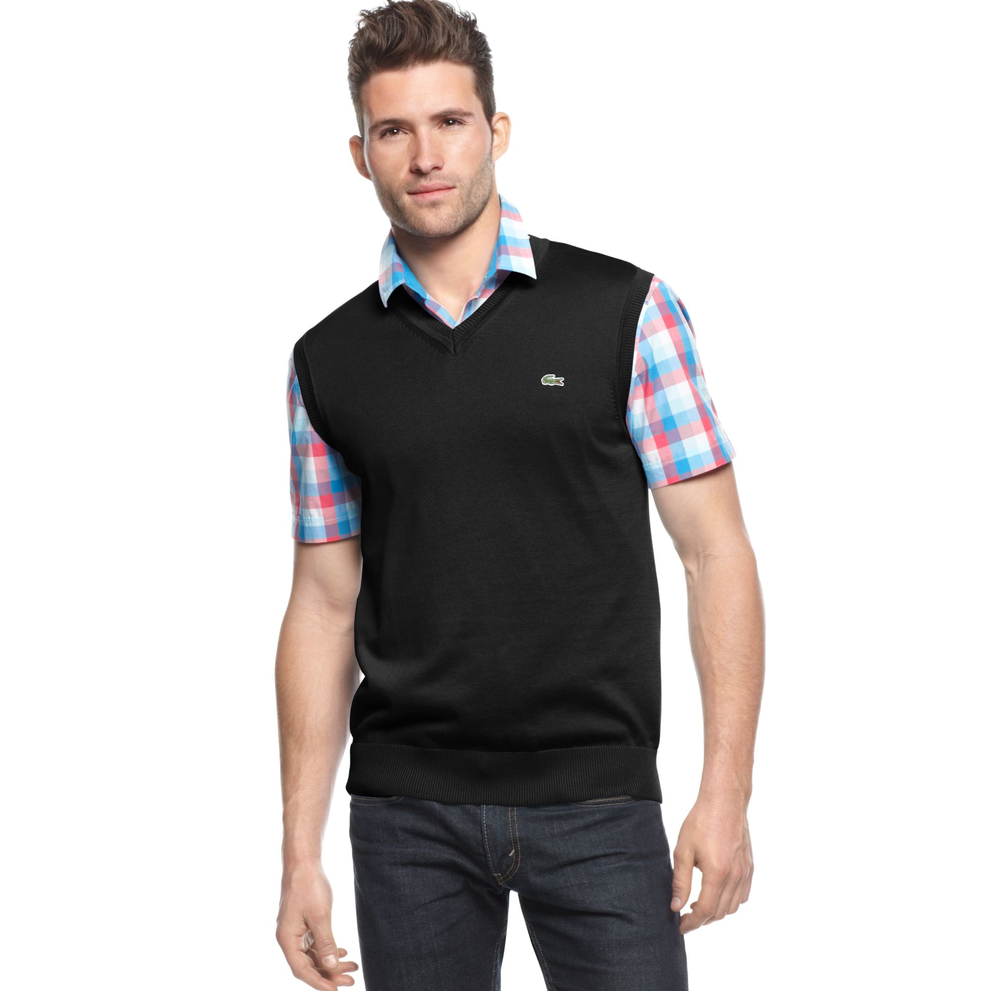 Lacoste V Neck Cotton Sweater Vest in Black for Men Lyst