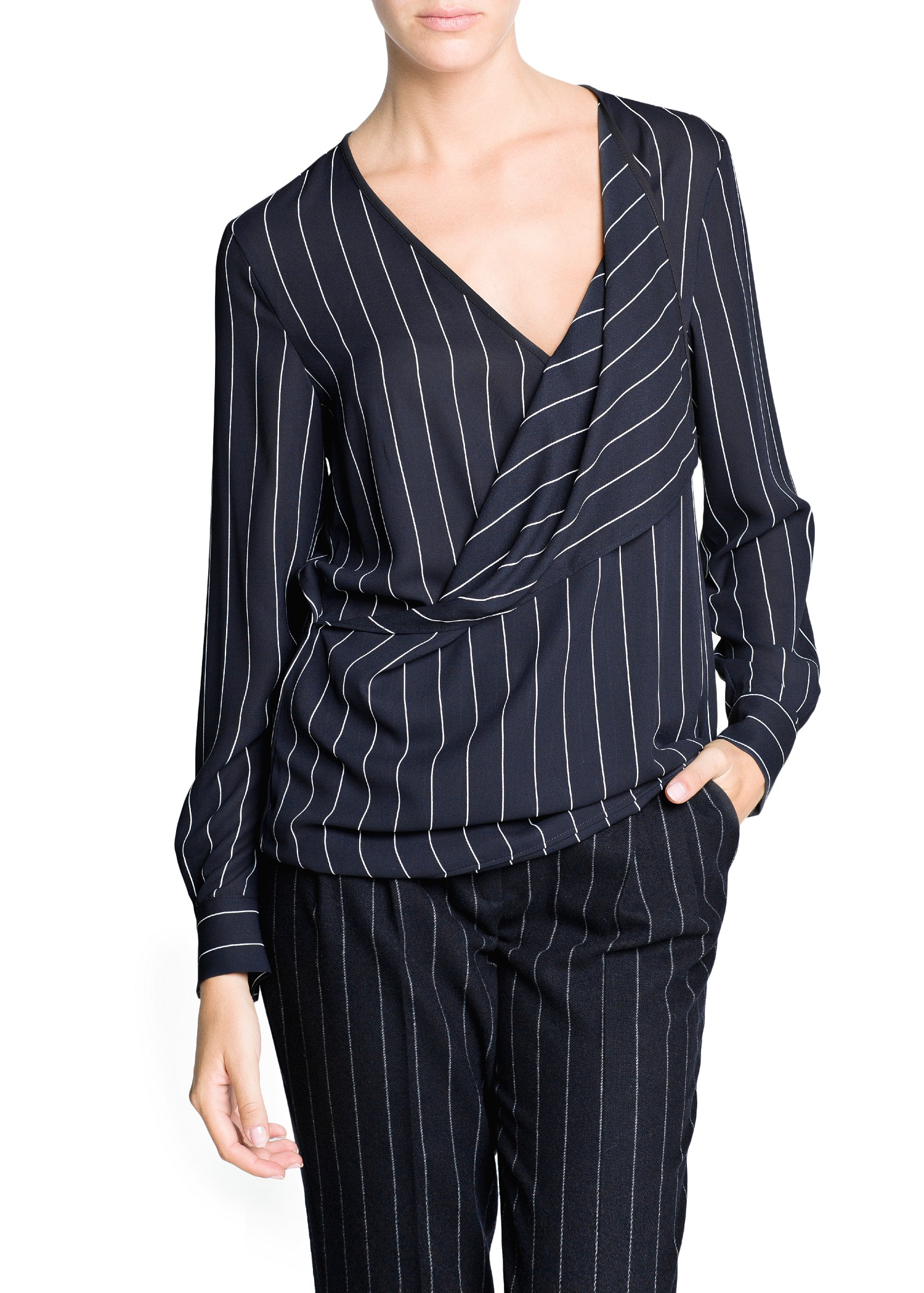 Lyst Mango Pinstripe Wrap Blouse in Blue
