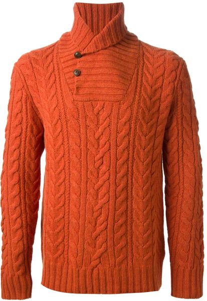 Polo Ralph Lauren Cable Knit Shawl Neck Sweater in Orange for Men ...