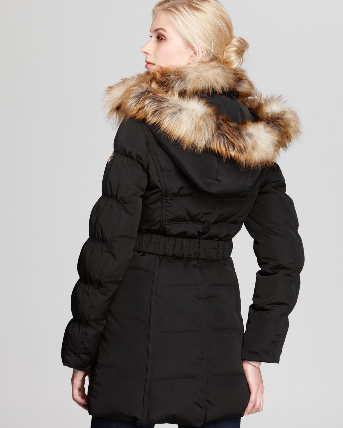 Laundry by shelli segal Quilted Belted Coat with Faux Fur Hood in Black