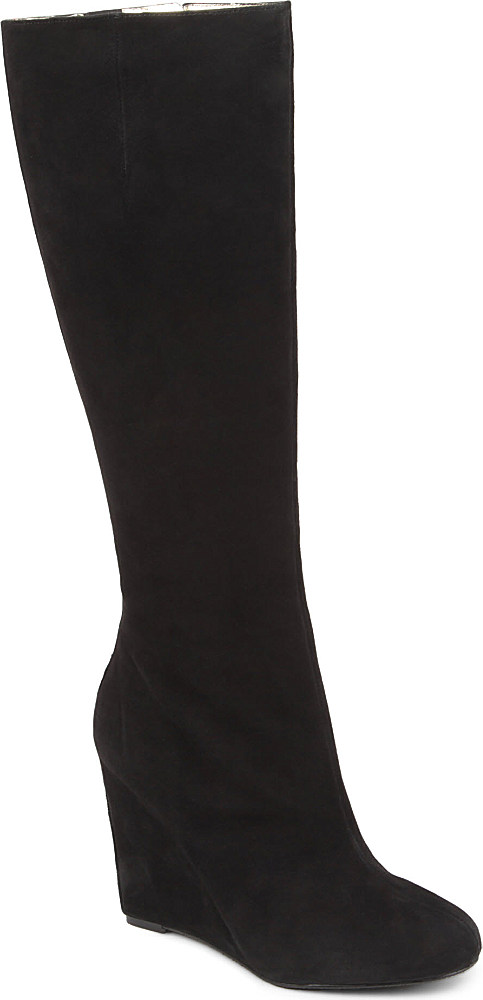 Nine West Ravvyn Suede Knee-high Wedge Boots in Black | Lyst