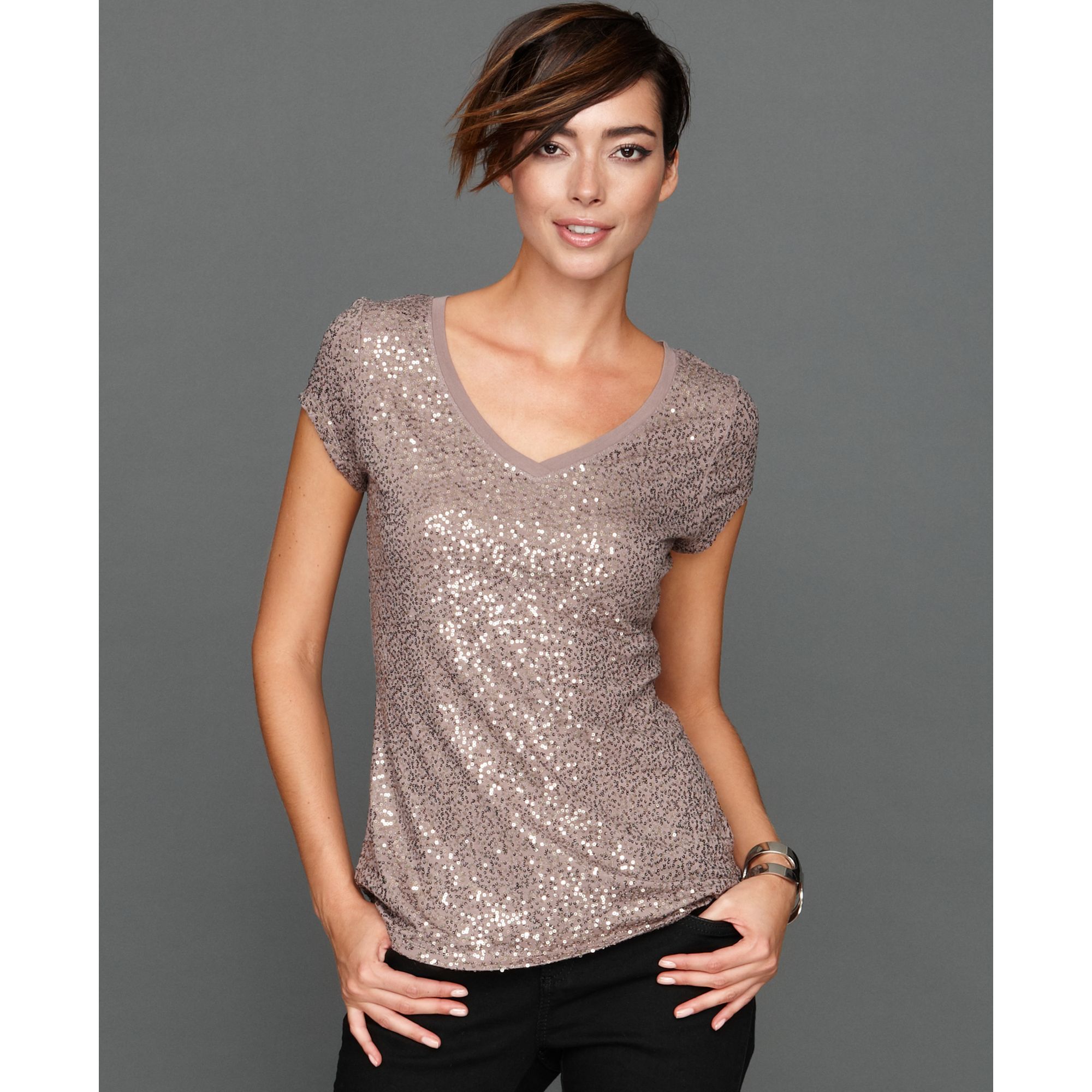 Inc international concepts Capsleeve Sequin Tee in Gray | Lyst