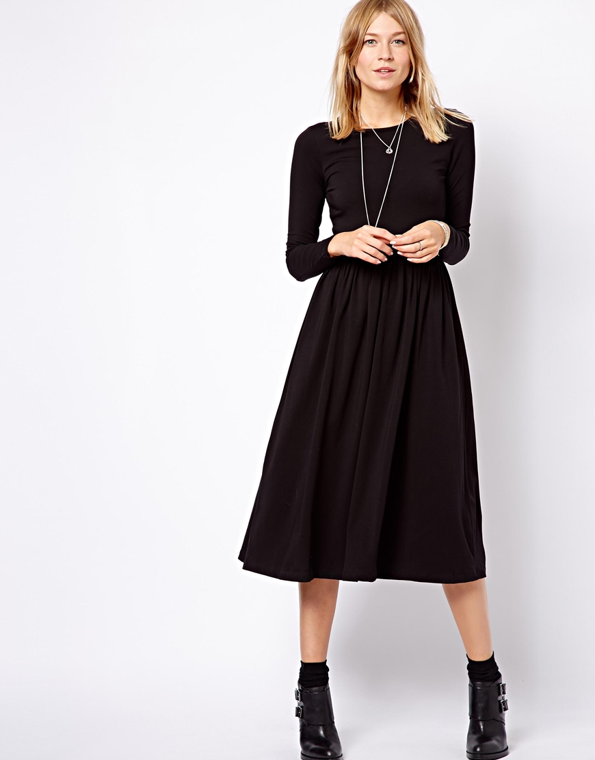 Lyst - Asos Midi Skater Dress With Long Sleeves in Black