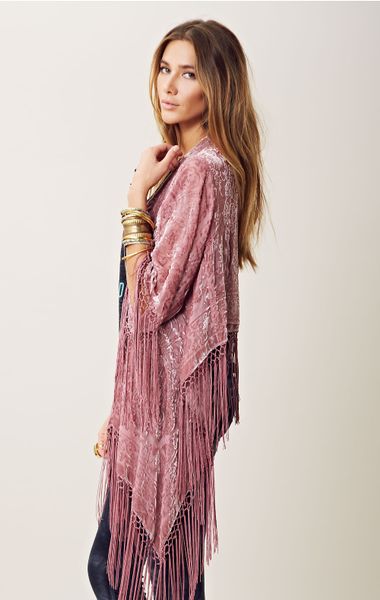 Blu Moon Fringe Burnout Velvet Kimono in Pink (PURPLE) | Lyst