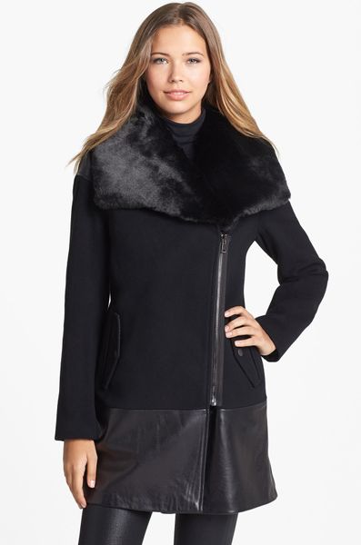 Nicole Miller Genuine Rabbit Fur Collar Asymmetrical Coat in Black | Lyst