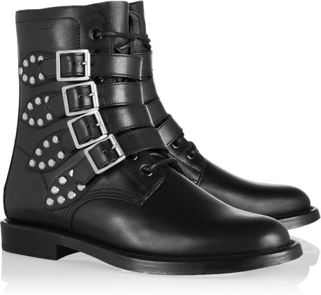 Saint Laurent Signature Rangers Studded Leather Ankle Boots in Black | Lyst