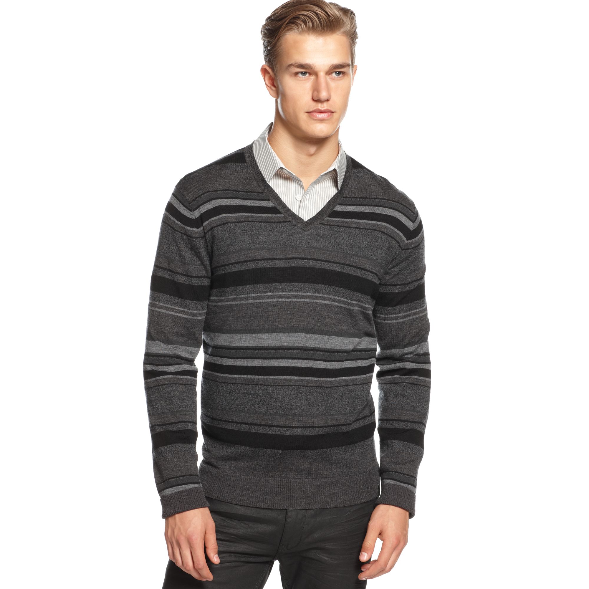 Calvin Klein Vneck Multi Stripe Sweater in Gray for Men (Grey Heather ...