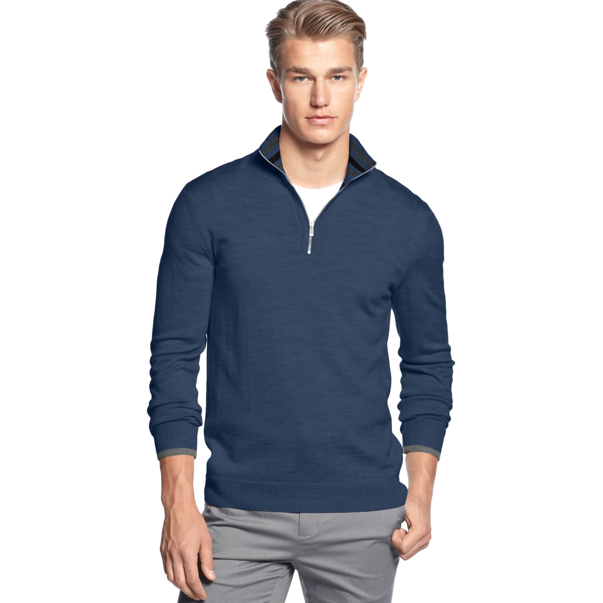 Lyst - Calvin Klein Quarter Zipper Merino Mock Sweater in Blue for Men