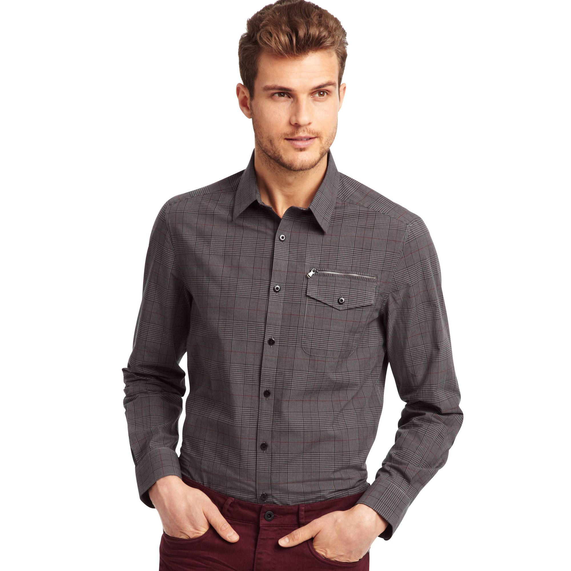 Kenneth Cole Long Sleeve Zipper Pocket Plaid Shirt in Gray for Men ...