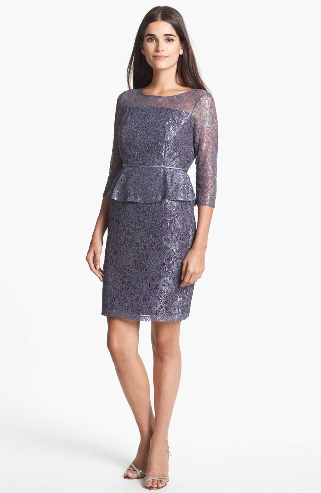 Adrianna Papell Lace Peplum Sheath Dress in Gray (Grey) | Lyst