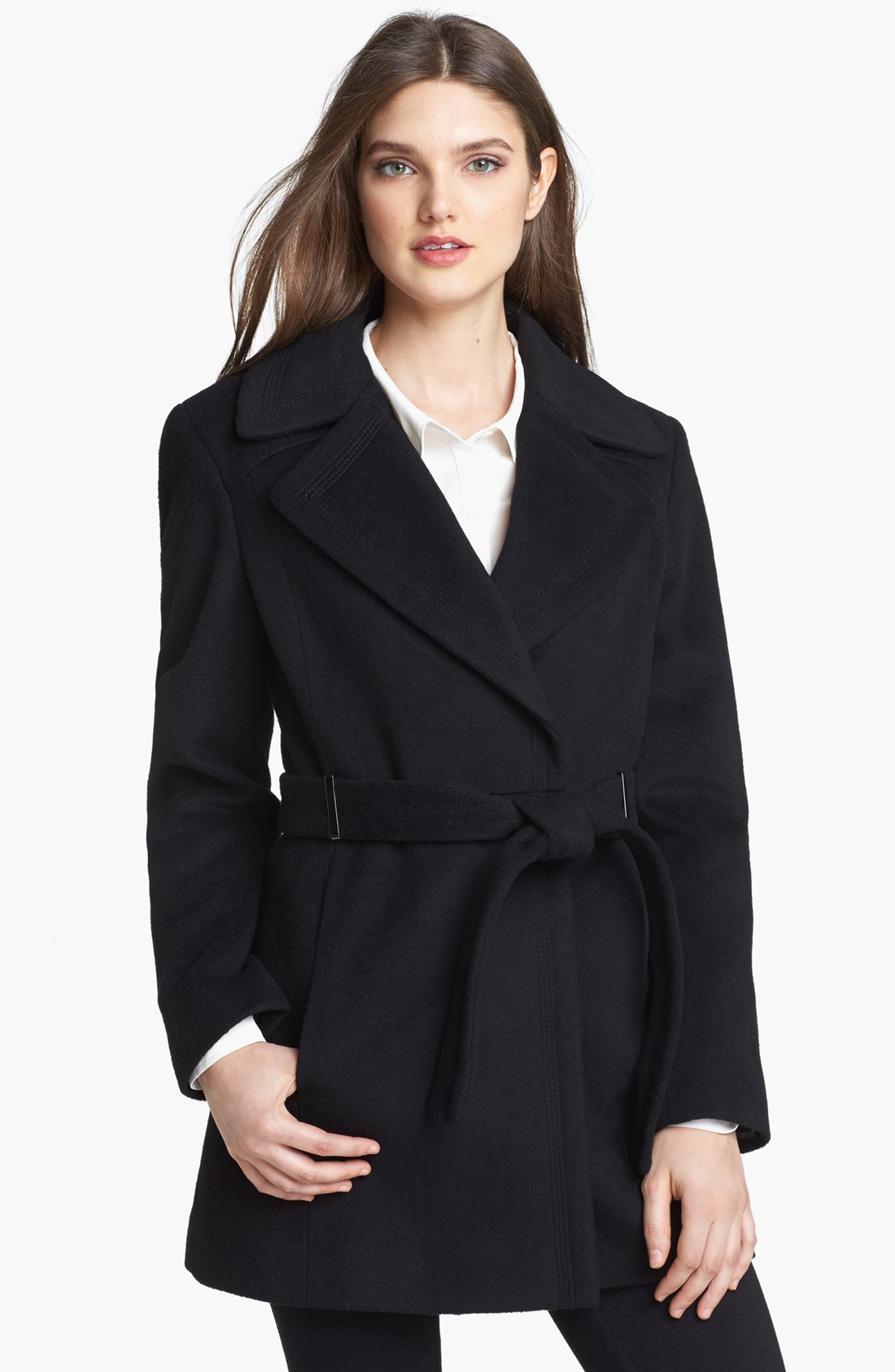 Calvin Klein Notch Collar Wrap Coat in Black | Lyst