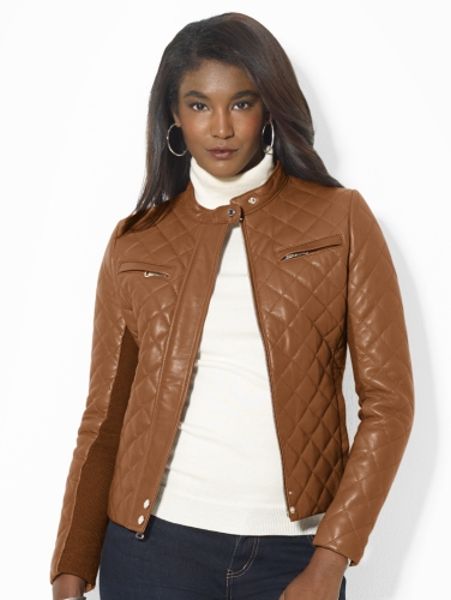 Lauren By Ralph Lauren Quilted Leather Moto Jacket in Brown | Lyst