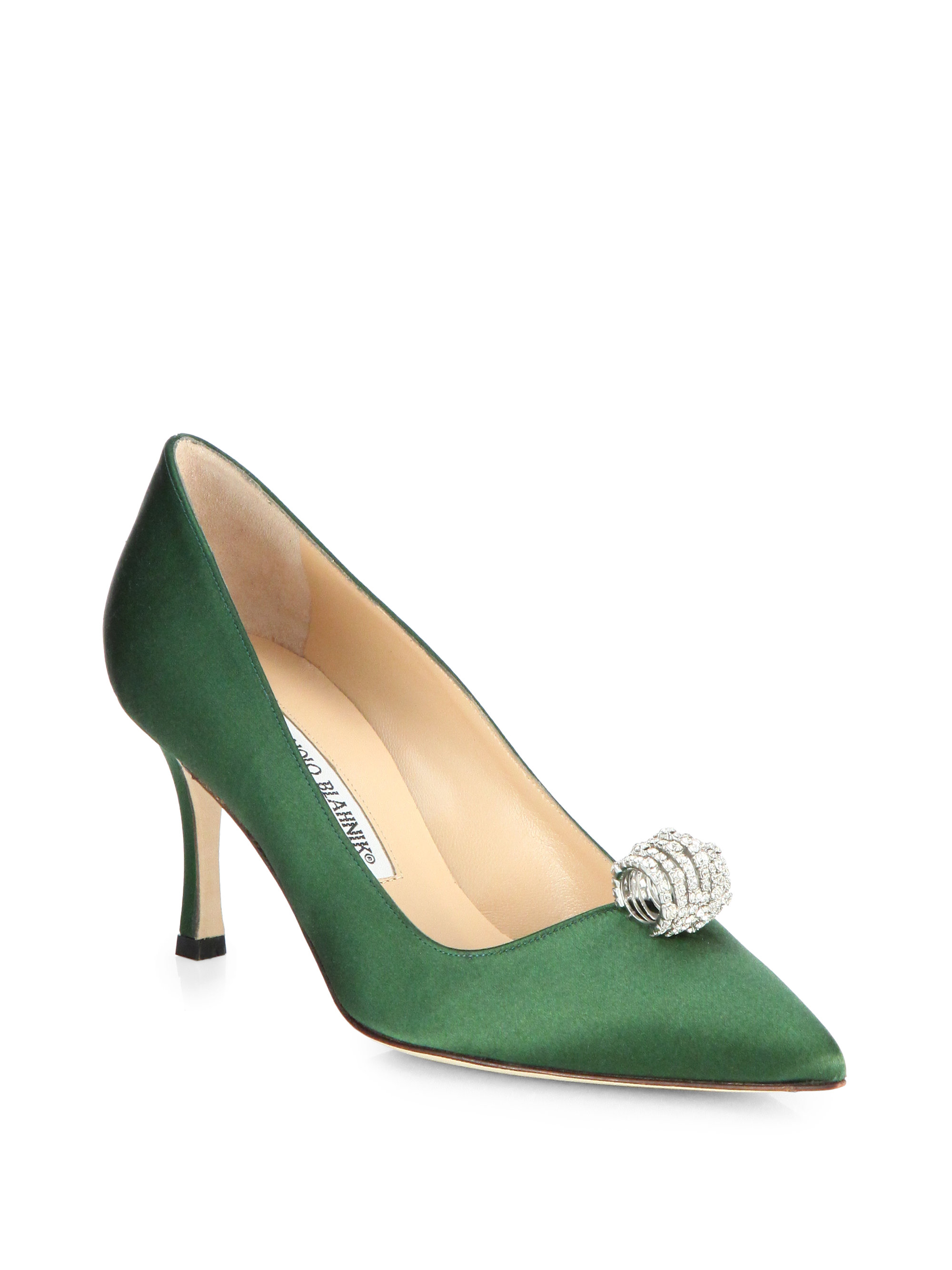 Manolo Blahnik Crystal-Embellished Satin Evening Pumps in Green | Lyst