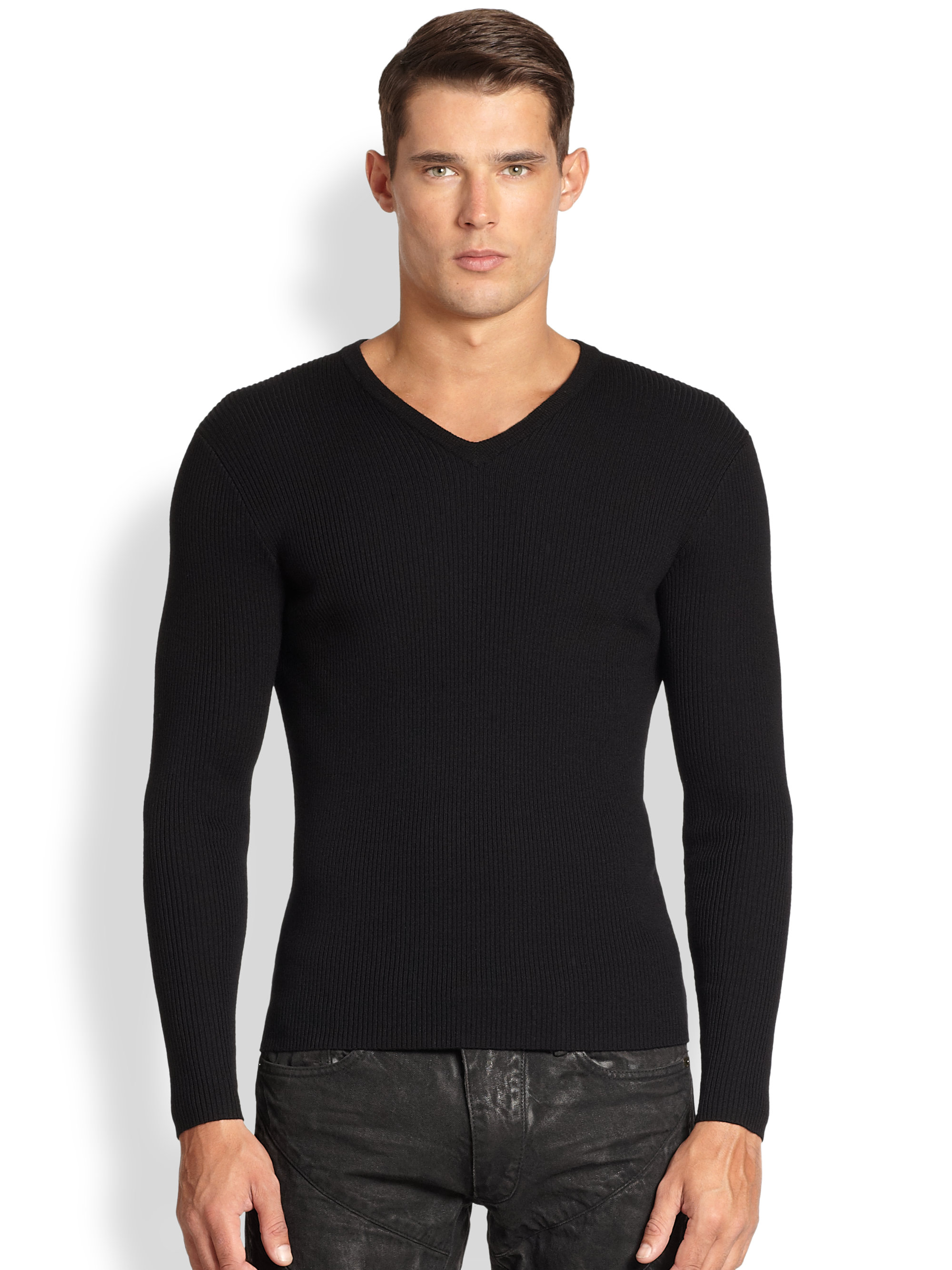 Lyst - Ralph lauren black label Ribbed Merino Wool V-neck Sweater in ...