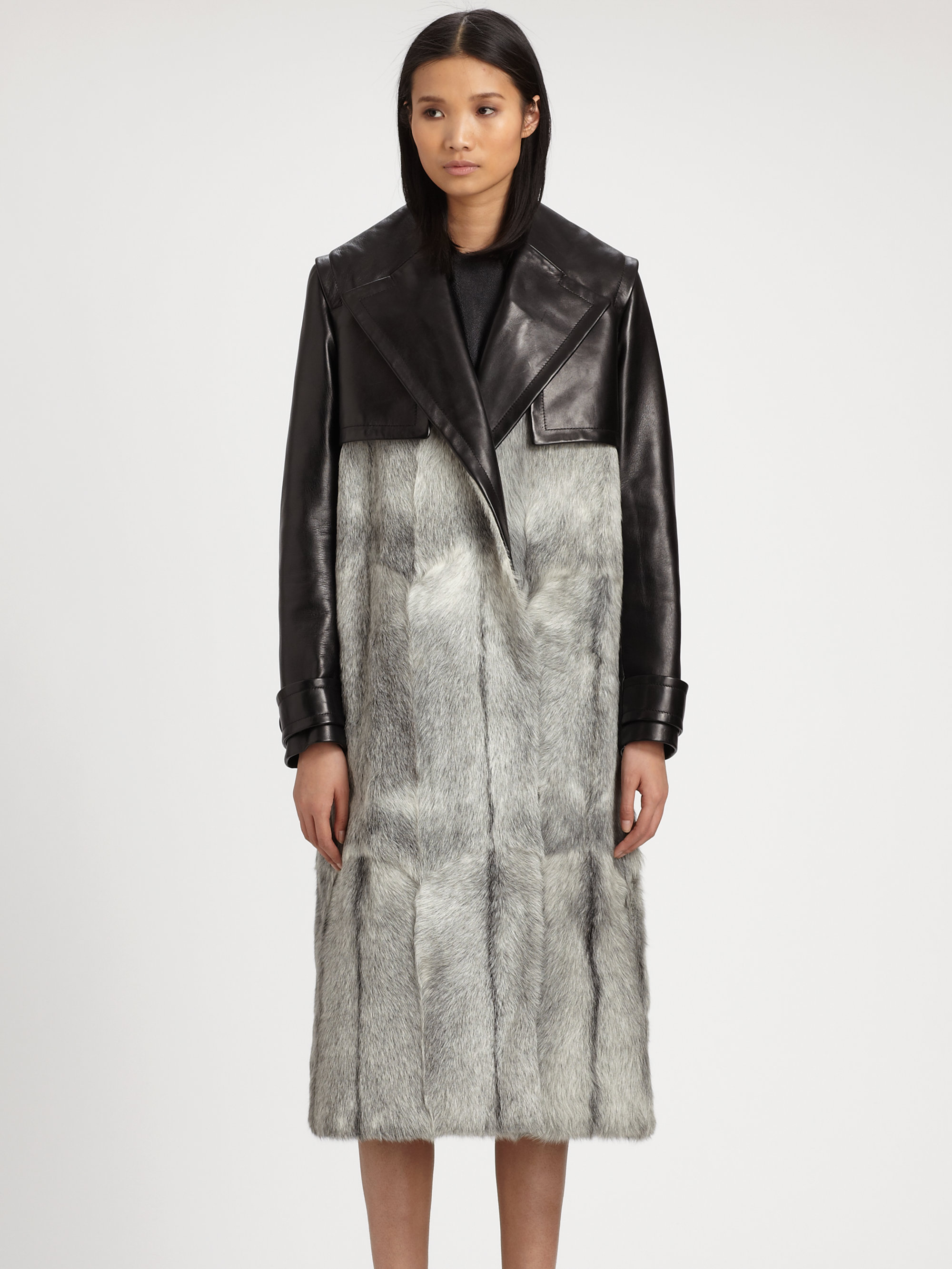 Alexander wang Goat Fur Leather Trench Coat in Black | Lyst