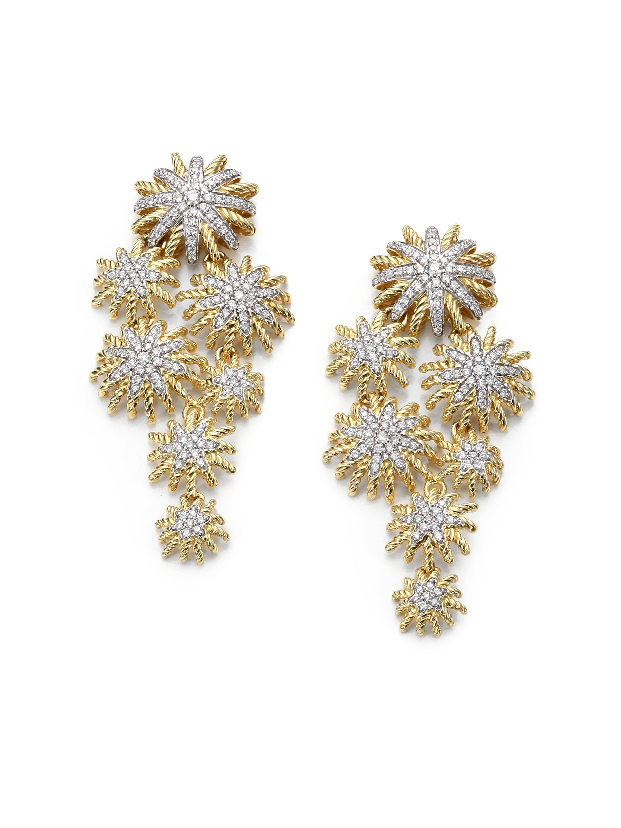 David yurman Diamond 18k Yellow Gold Starburst Cluster Drop Earrings in ...