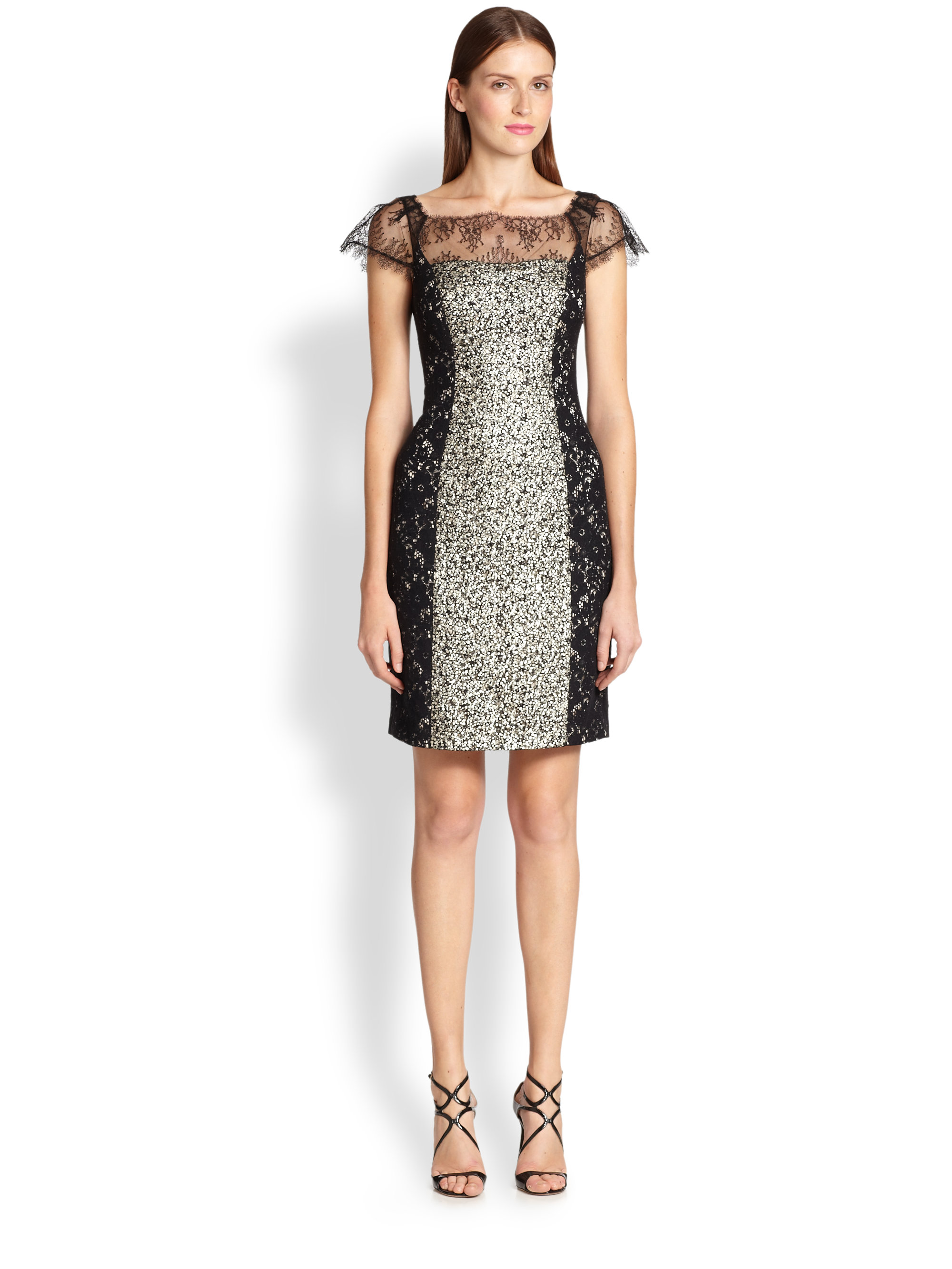 kay unger fishnet lace sheath dress