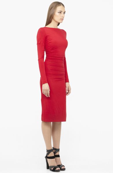 Nicole Miller Ruched Ponte Knit Midi Sheath Dress in Red | Lyst