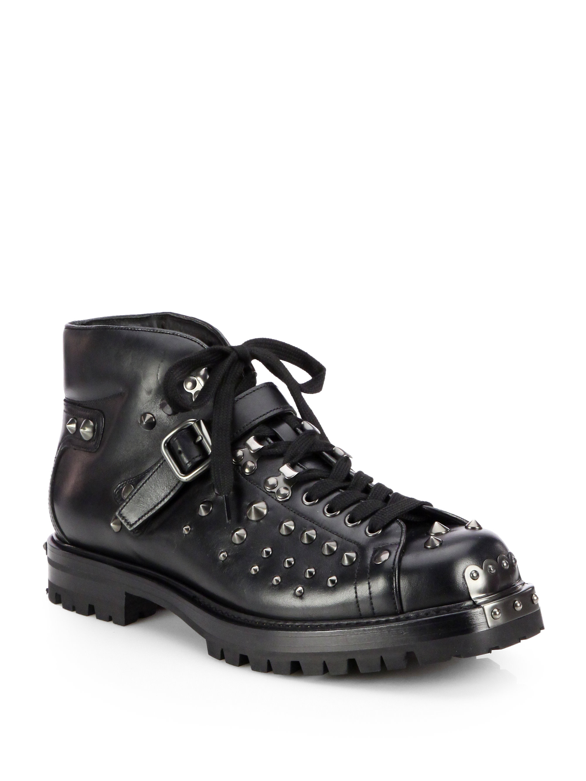 Prada Studded Leather Laceups with Lug Sole in Black for Men | Lyst