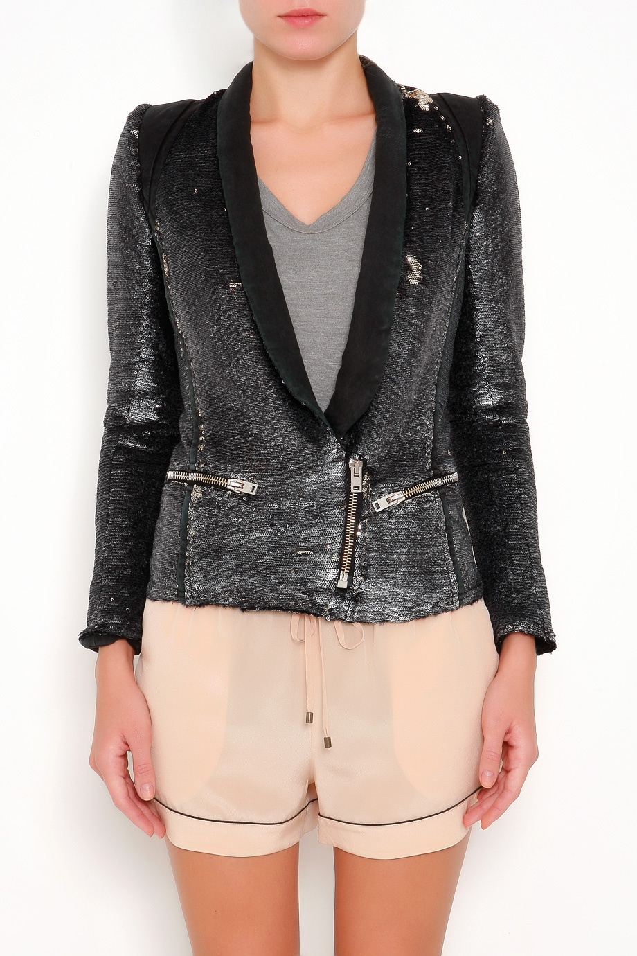 Iro Hadley Sequin Jacket With Leather Trims In Gray Lyst