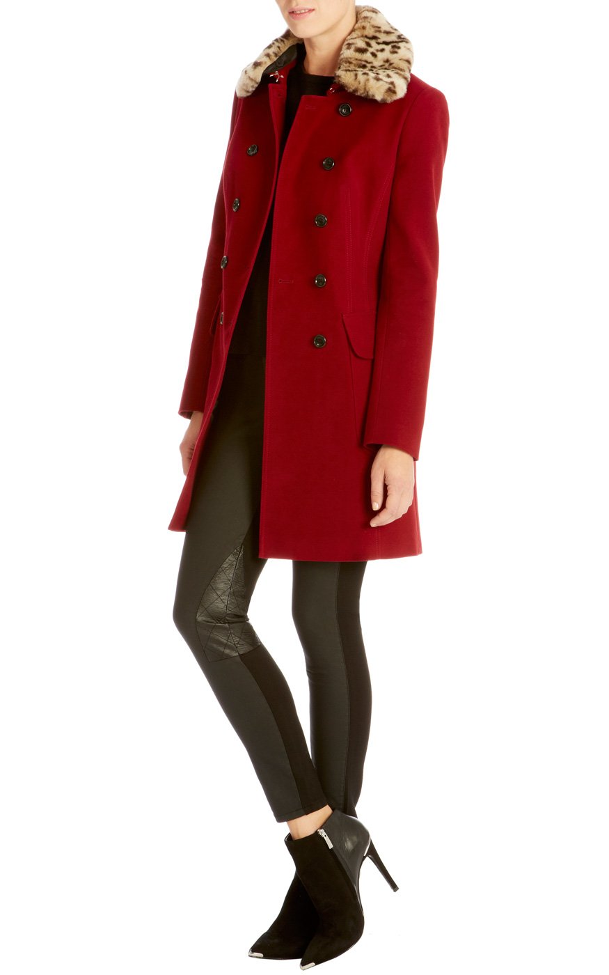 Lyst Karen millen Moleskin Coat with Faux Fur in Red