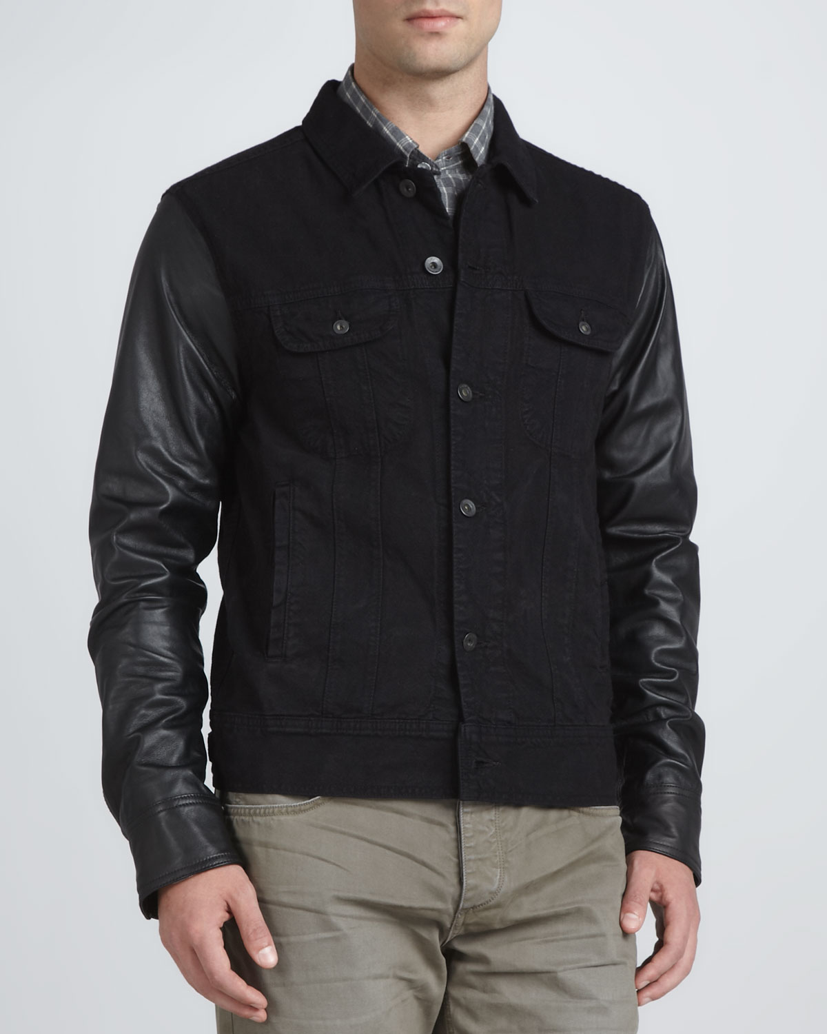 Rag & bone Denim Jacket with Leather Sleeves Black in Black | Lyst