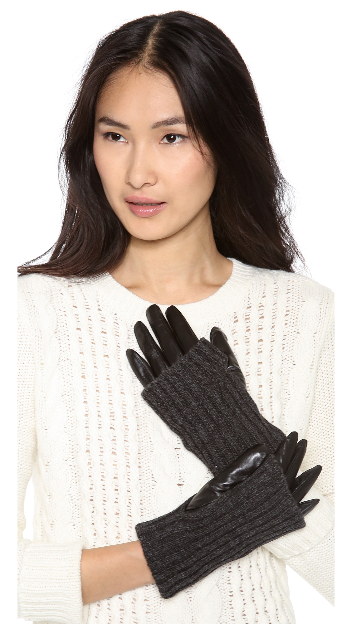 Carolina amato Convertible Leather Knit Gloves Blackcinder in Black