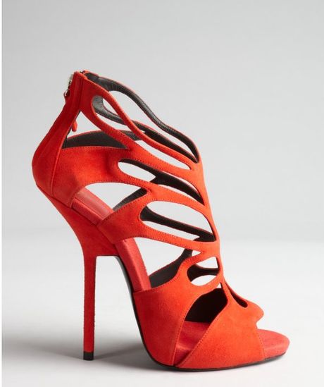 Giuseppe Zanotti Bright Red Suede Cutout Peep Toe Pumps in Red | Lyst