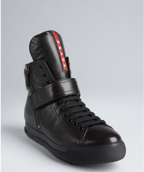 Prada Sport Black Leather Side Zip Oversized Tongue Hightop Sneakers in ...