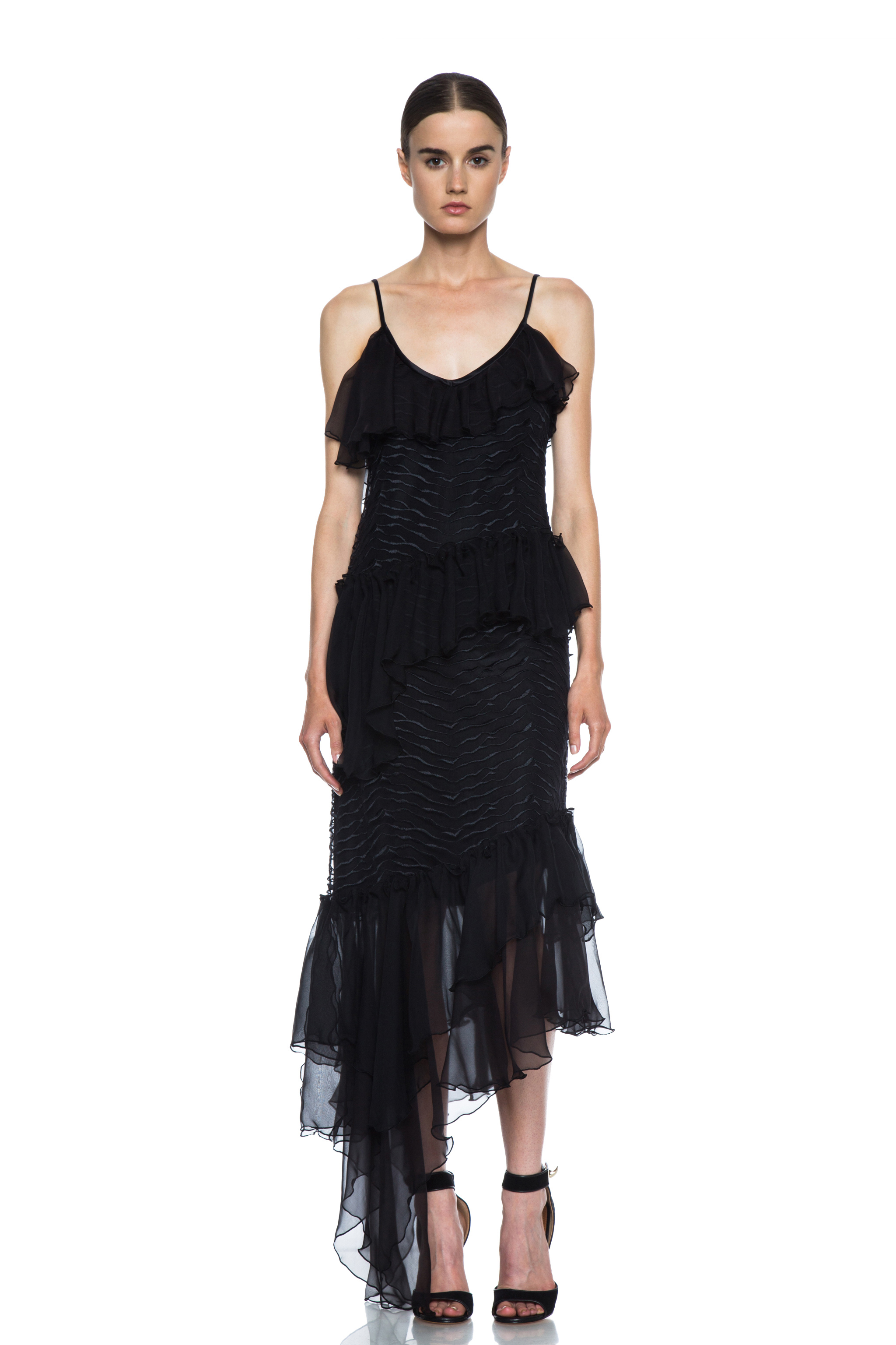 Rodarte Lined Embroidered Dress with Chiffon Ruffles in Black | Lyst