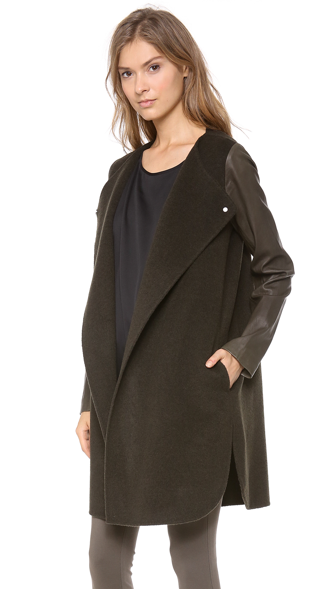 Lyst Vince Leather Sleeve Wool Coat in Green