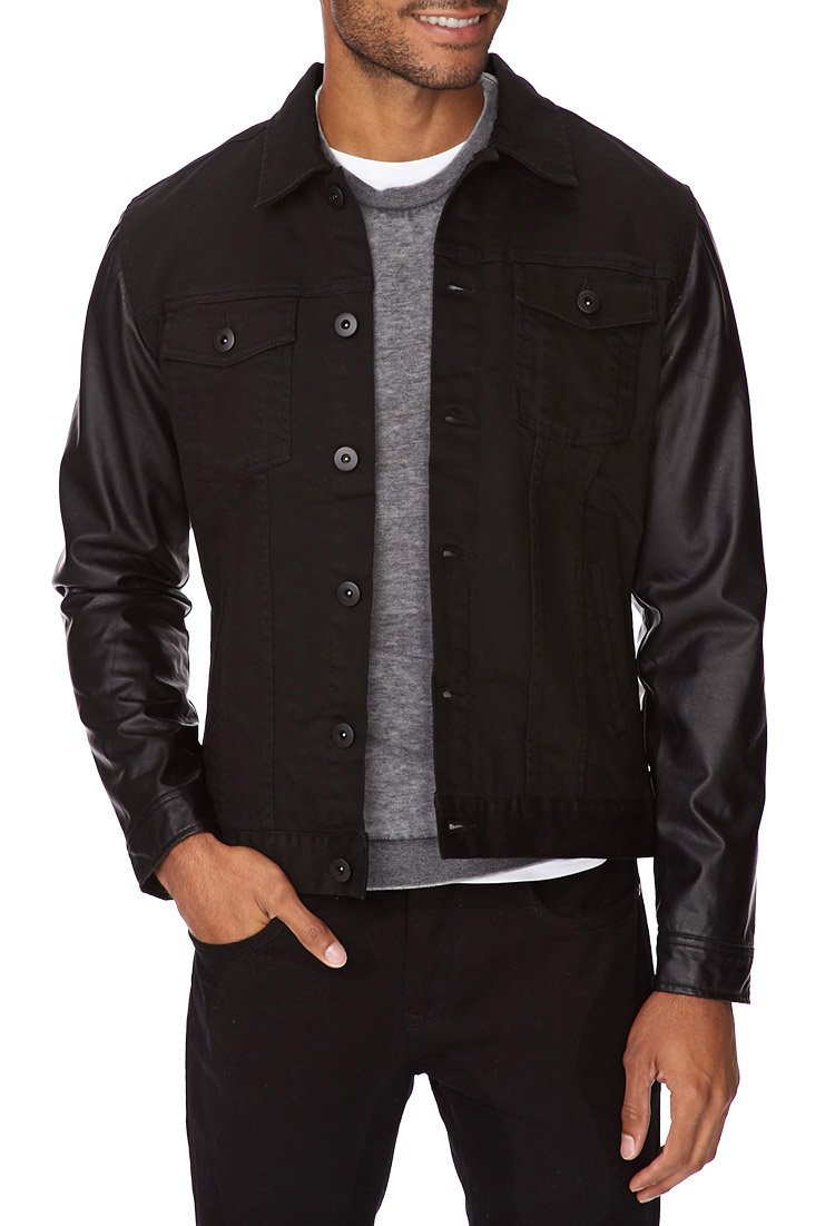 Forever 21 Denim Jacket W/ Faux Leather Sleeves in Black for Men | Lyst