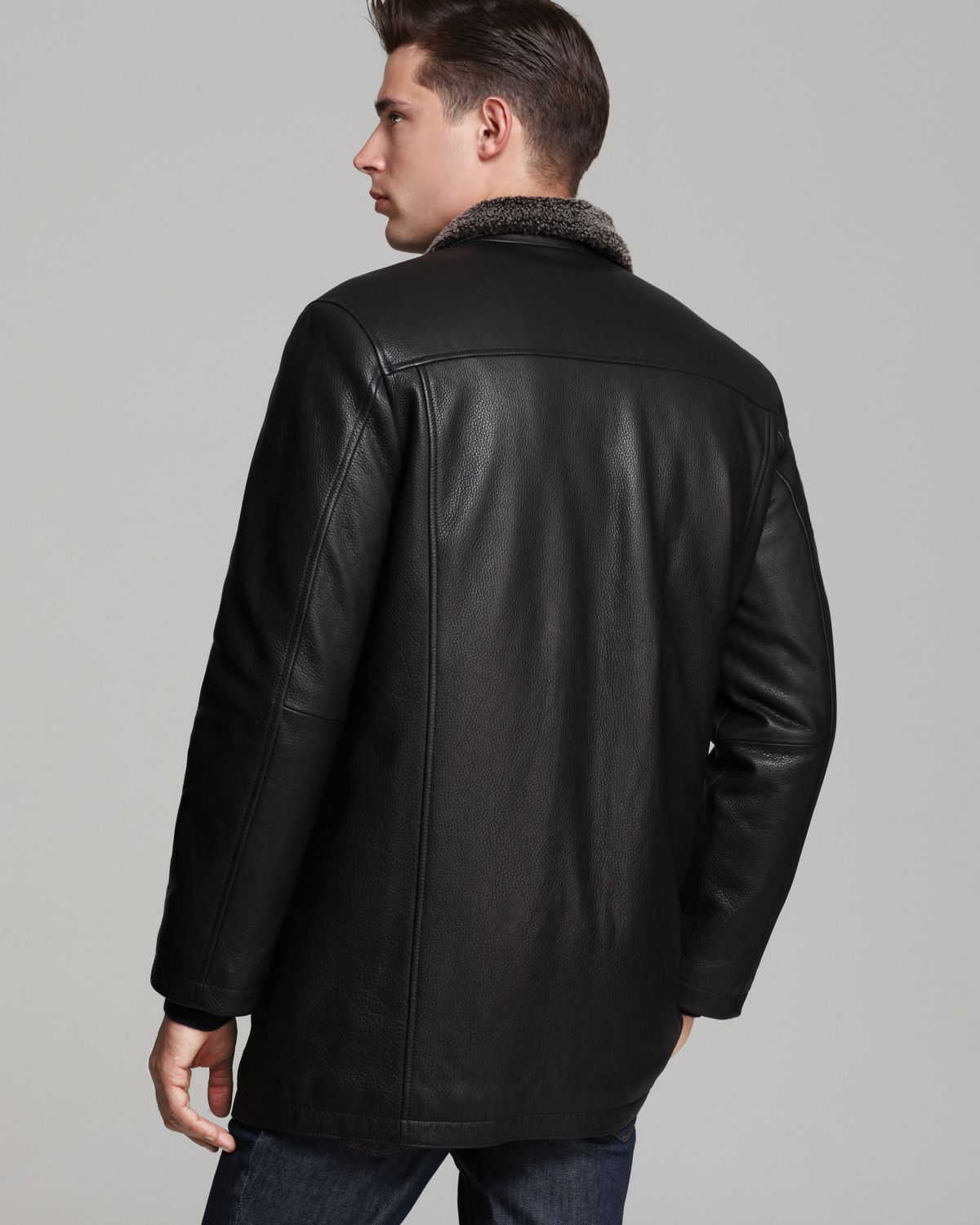 Lyst Cole Haan Leather Car Coat With Shearling Collar In Black For Men