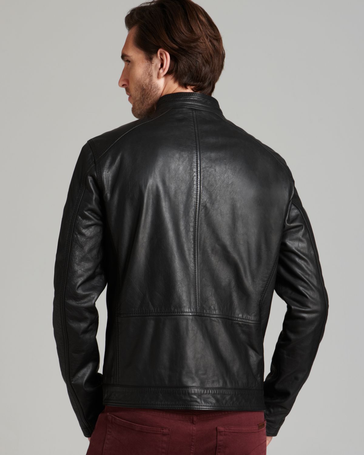 Cole haan Washed Leather Moto Jacket in Black for Men Lyst