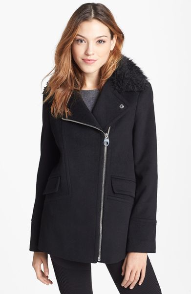 Calvin Klein Faux Fur Collar Wool Blend Moto Coat in Black | Lyst