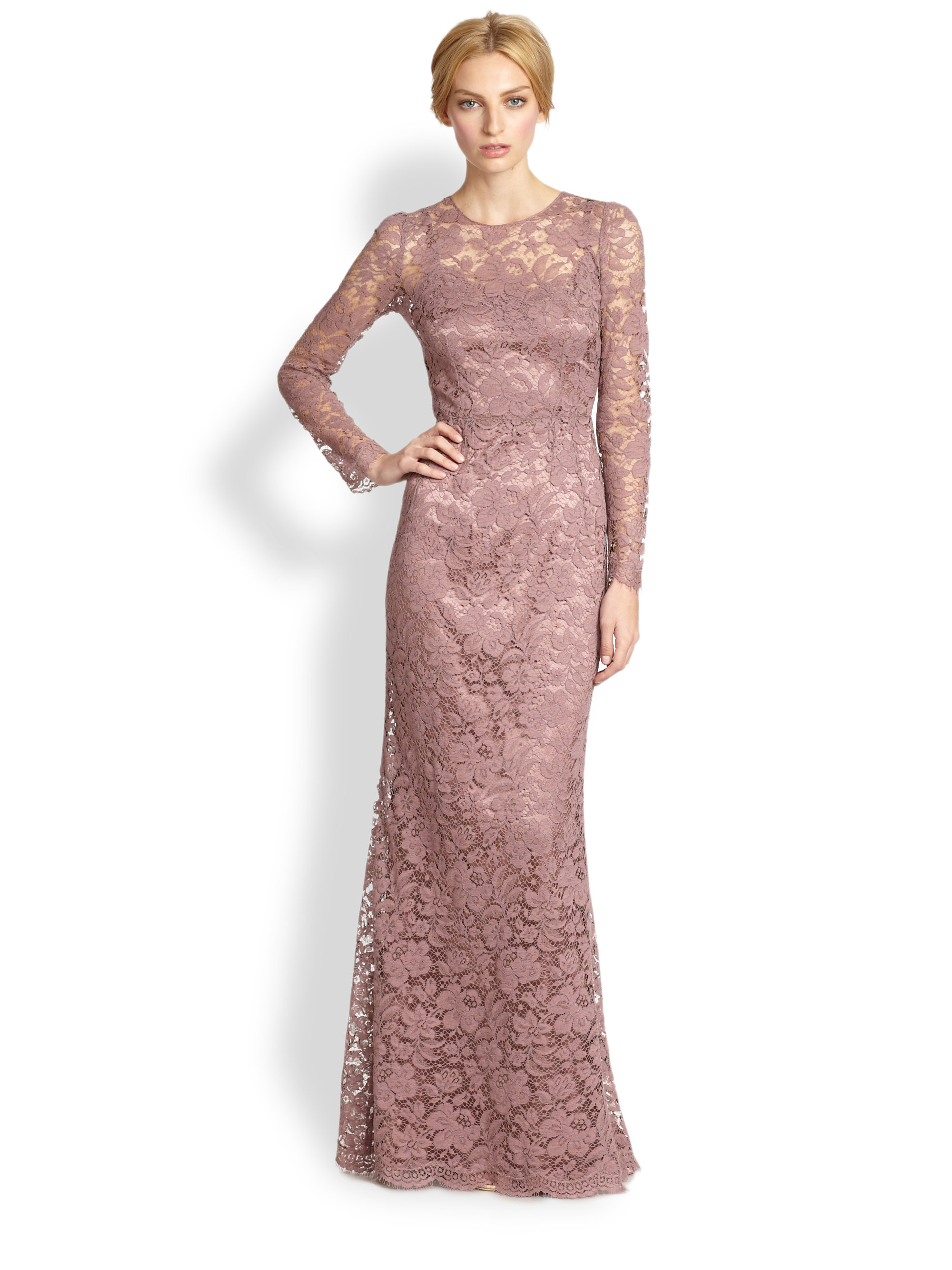 Dolce & gabbana Long Sleeve Lace Gown Rose in Pink | Lyst