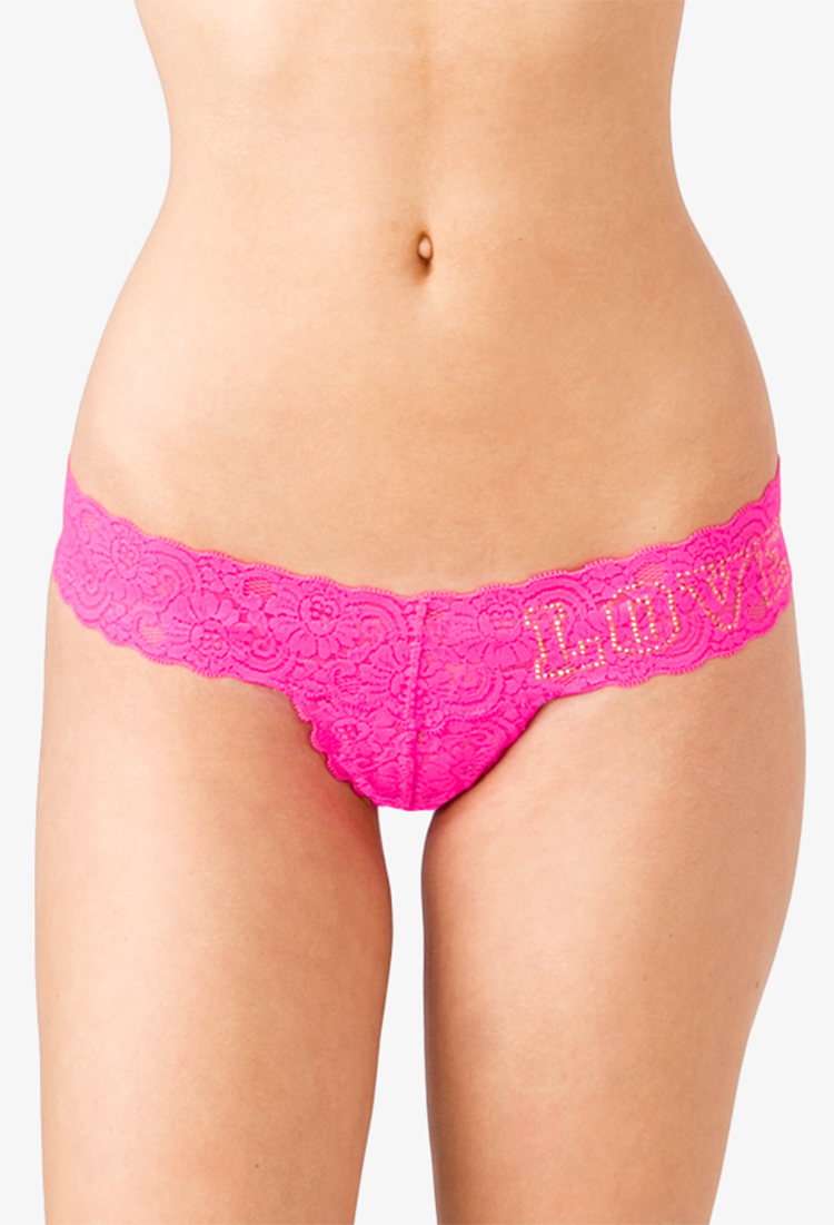 Lyst Forever 21 Rhinestoned Love Lace Thong In Pink